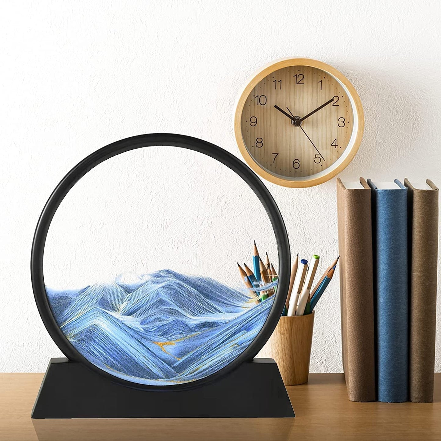 Moving Sand Art Picture Decor – 3D Deep Sea Sandscape Liquid Motion Round Glass Frame | Flowing Sand Art for Stress Relief | Artistic Desktop Decor for Home & Office